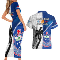 Fiji And Samoa Rugby Couples Matching Short Sleeve Bodycon Dress and Hawaiian Shirt 2023 World Cup Samoan Mix Tapa Pattern LT14 - Polynesian Pride