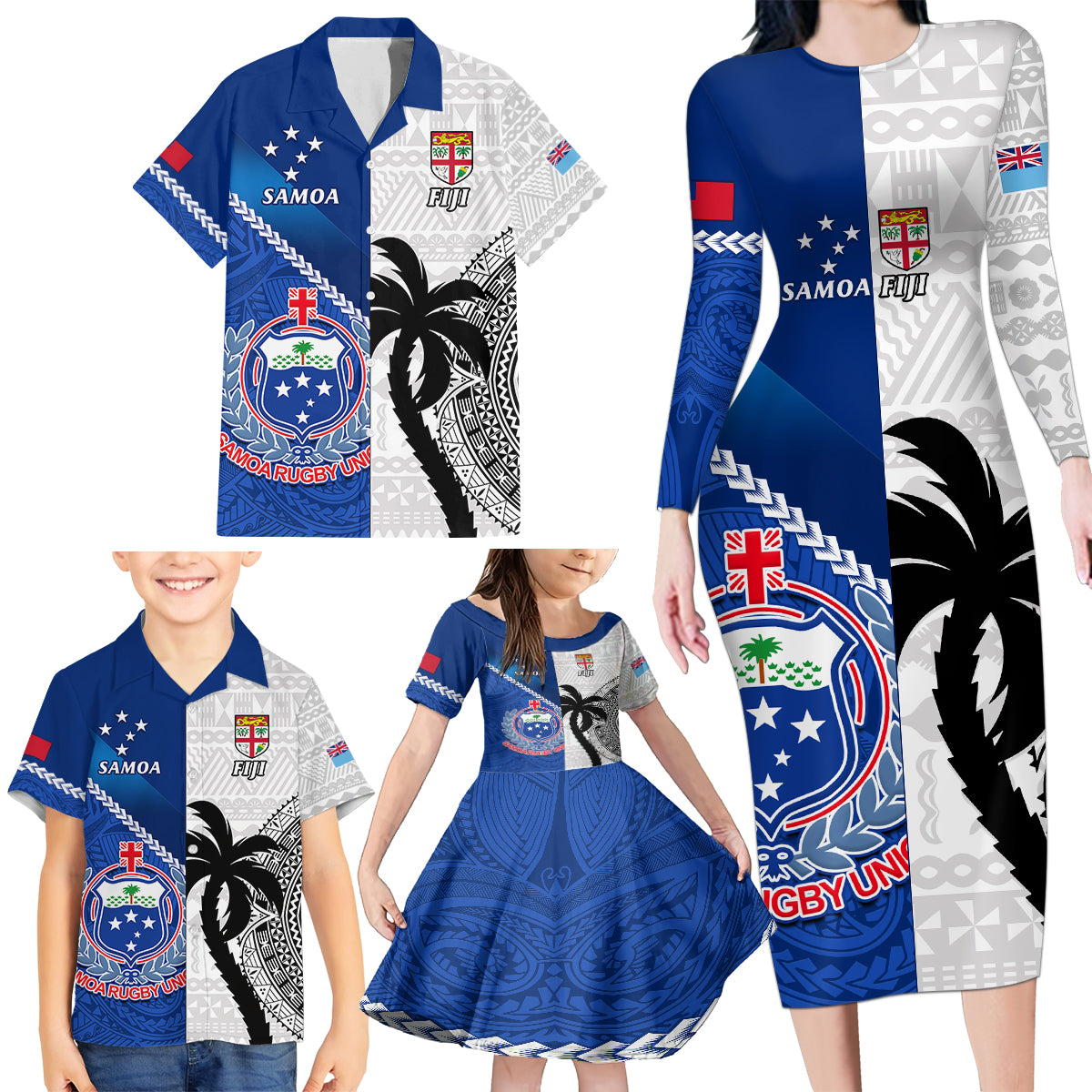 Fiji And Samoa Rugby Family Matching Long Sleeve Bodycon Dress and Hawaiian Shirt 2023 World Cup Samoan Mix Tapa Pattern LT14 - Polynesian Pride