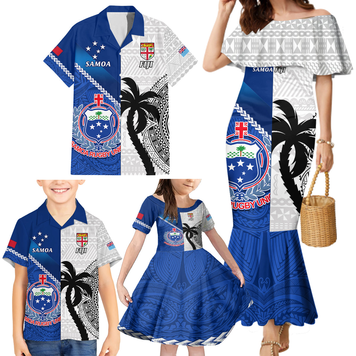 Fiji And Samoa Rugby Family Matching Mermaid Dress and Hawaiian Shirt 2023 World Cup Samoan Mix Tapa Pattern LT14 - Polynesian Pride