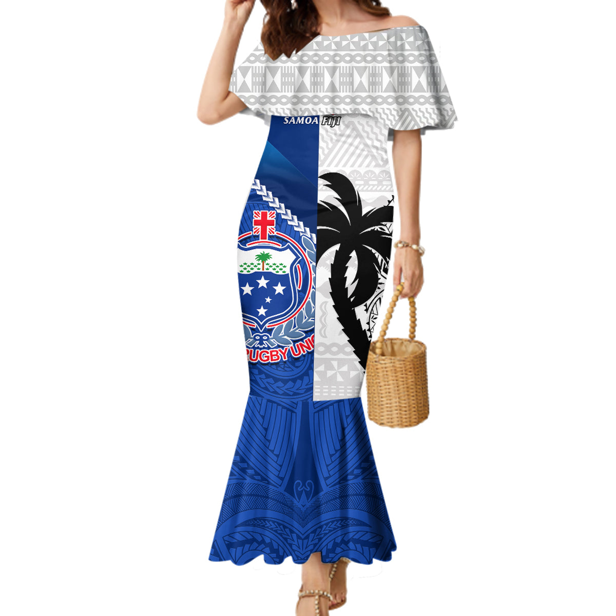 Fiji And Samoa Rugby Family Matching Mermaid Dress and Hawaiian Shirt 2023 World Cup Samoan Mix Tapa Pattern LT14 Mom's Dress Blue - Polynesian Pride