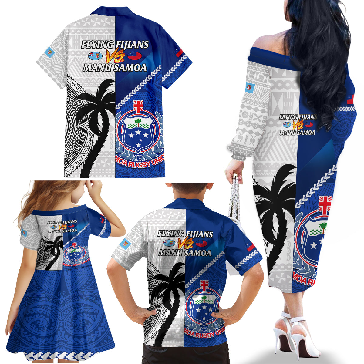 Fiji And Samoa Rugby Family Matching Off Shoulder Long Sleeve Dress and Hawaiian Shirt 2023 World Cup Samoan Mix Tapa Pattern LT14 - Polynesian Pride