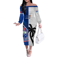 Fiji And Samoa Rugby Family Matching Off Shoulder Long Sleeve Dress and Hawaiian Shirt 2023 World Cup Samoan Mix Tapa Pattern LT14 Mom's Dress Blue - Polynesian Pride
