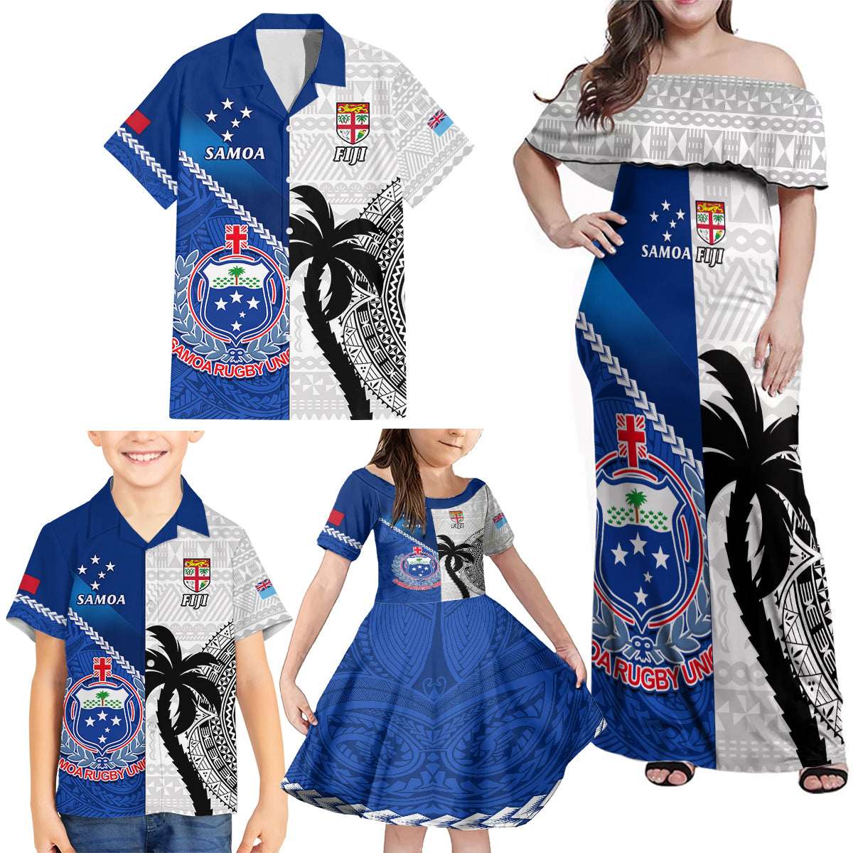 Fiji And Samoa Rugby Family Matching Off Shoulder Maxi Dress and Hawaiian Shirt 2023 World Cup Samoan Mix Tapa Pattern LT14 - Polynesian Pride