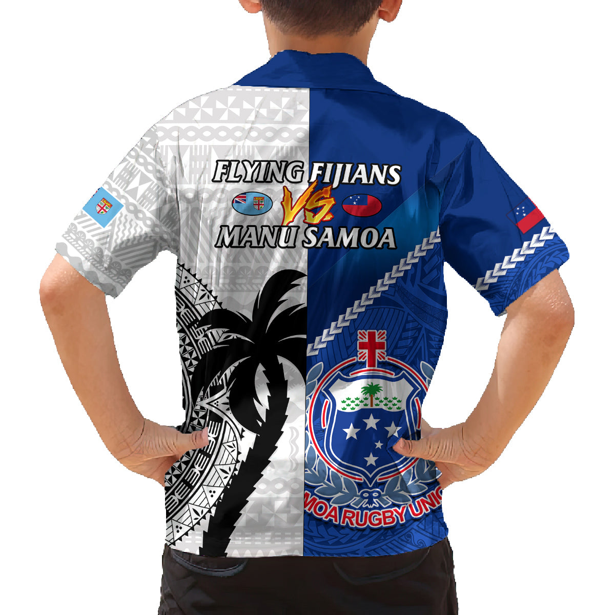 Fiji And Samoa Rugby Family Matching Off Shoulder Short Dress and Hawaiian Shirt 2023 World Cup Samoan Mix Tapa Pattern LT14 - Polynesian Pride