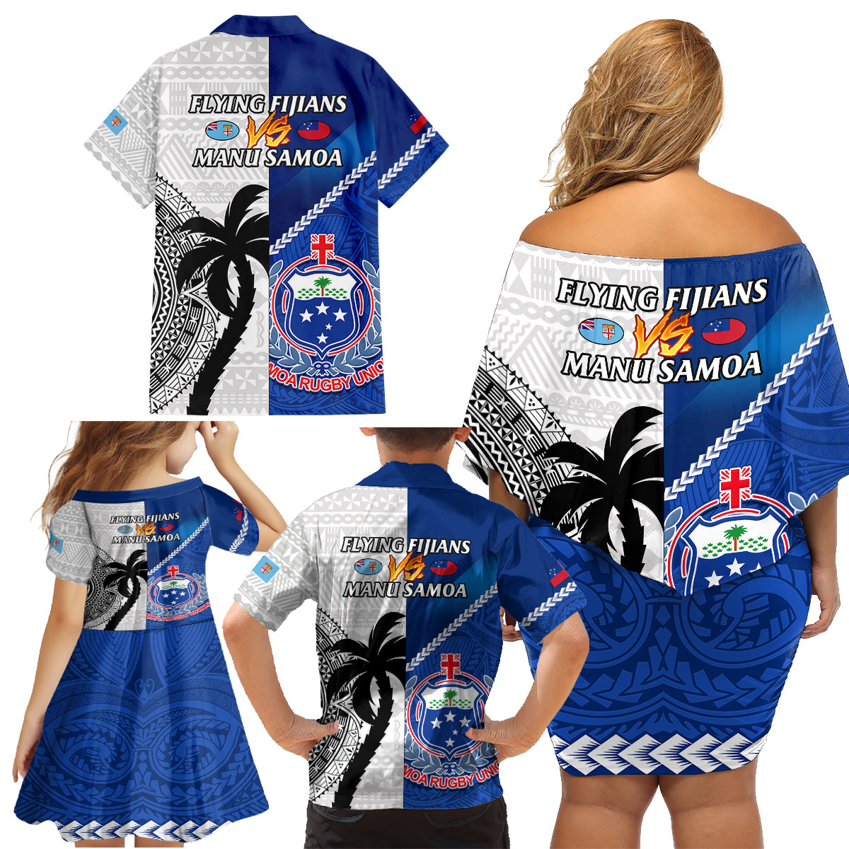Fiji And Samoa Rugby Family Matching Off Shoulder Short Dress and Hawaiian Shirt 2023 World Cup Samoan Mix Tapa Pattern LT14 - Polynesian Pride