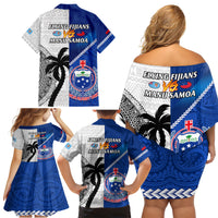 Fiji And Samoa Rugby Family Matching Off Shoulder Short Dress and Hawaiian Shirt 2023 World Cup Samoan Mix Tapa Pattern LT14 - Polynesian Pride