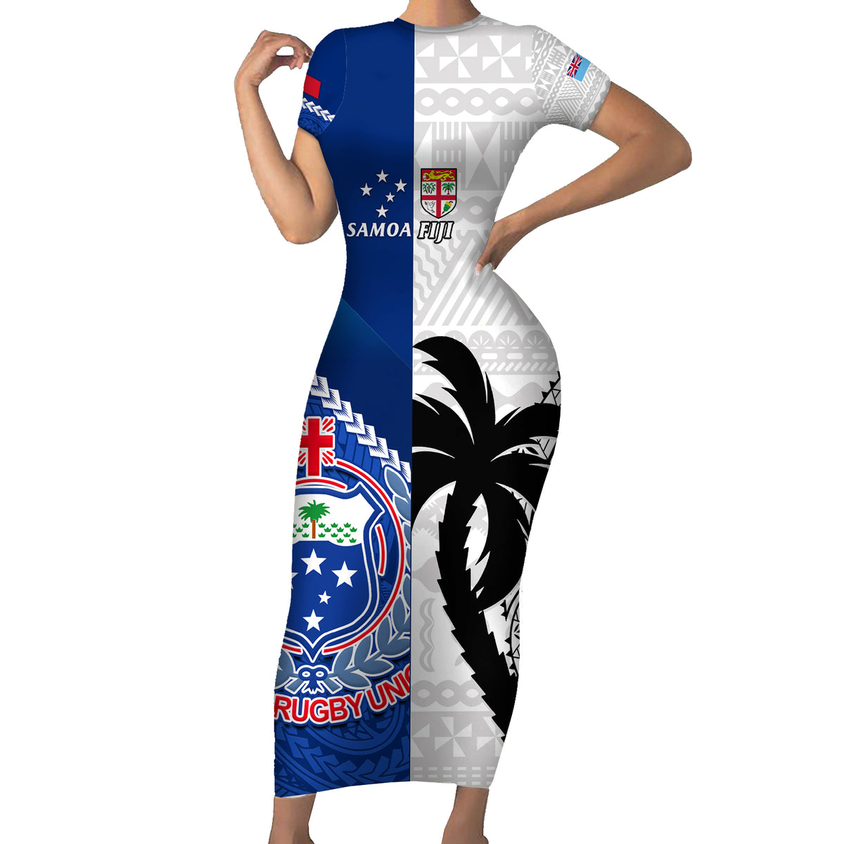 Fiji And Samoa Rugby Family Matching Short Sleeve Bodycon Dress and Hawaiian Shirt 2023 World Cup Samoan Mix Tapa Pattern LT14 Mom's Dress Blue - Polynesian Pride