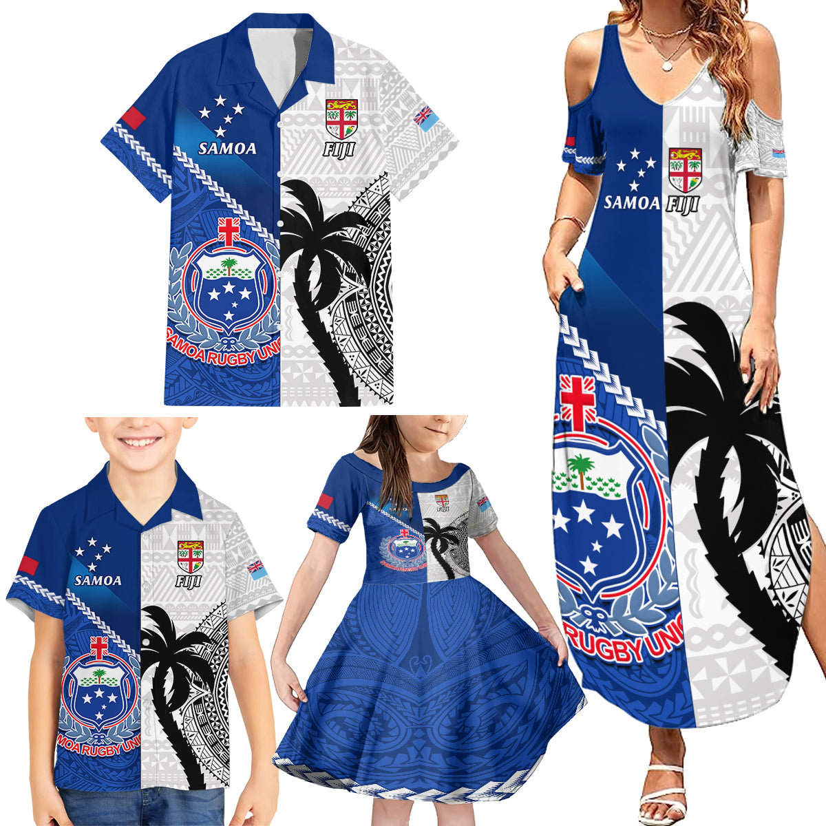 Fiji And Samoa Rugby Family Matching Summer Maxi Dress and Hawaiian Shirt 2023 World Cup Samoan Mix Tapa Pattern LT14 - Polynesian Pride