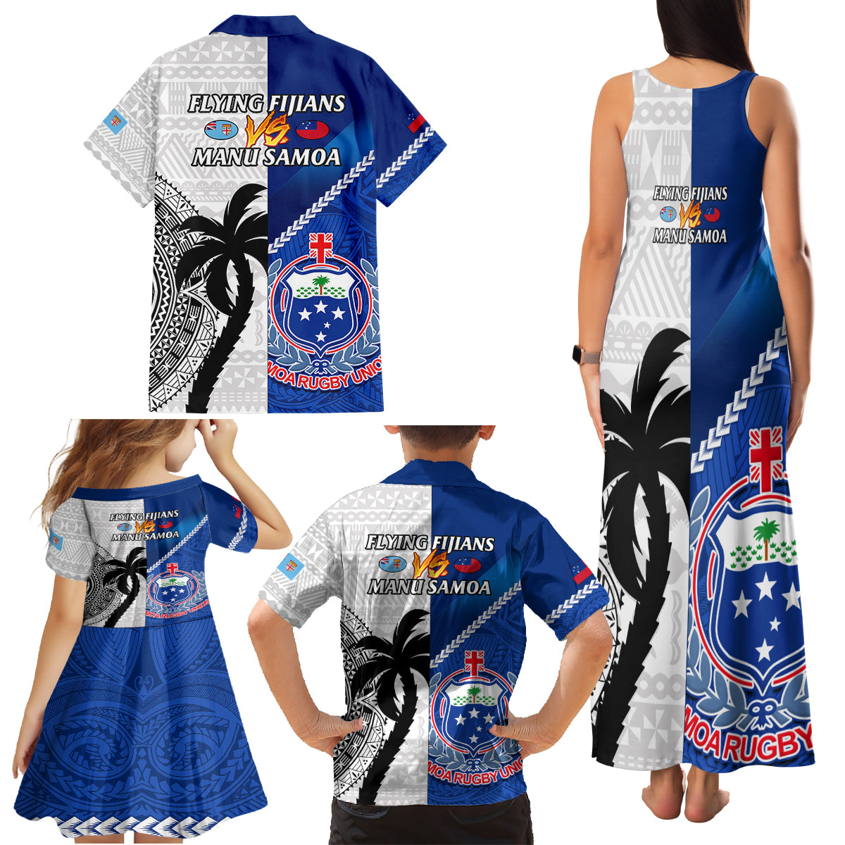Fiji And Samoa Rugby Family Matching Tank Maxi Dress and Hawaiian Shirt 2023 World Cup Samoan Mix Tapa Pattern LT14 - Polynesian Pride