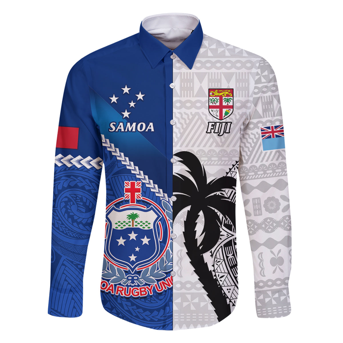 Fiji And Samoa Rugby Family Matching Tank Maxi Dress and Hawaiian Shirt 2023 World Cup Samoan Mix Tapa Pattern LT14 Dad's Shirt - Long Sleeve Blue - Polynesian Pride