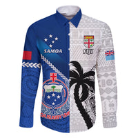 Fiji And Samoa Rugby Family Matching Tank Maxi Dress and Hawaiian Shirt 2023 World Cup Samoan Mix Tapa Pattern LT14 Dad's Shirt - Long Sleeve Blue - Polynesian Pride