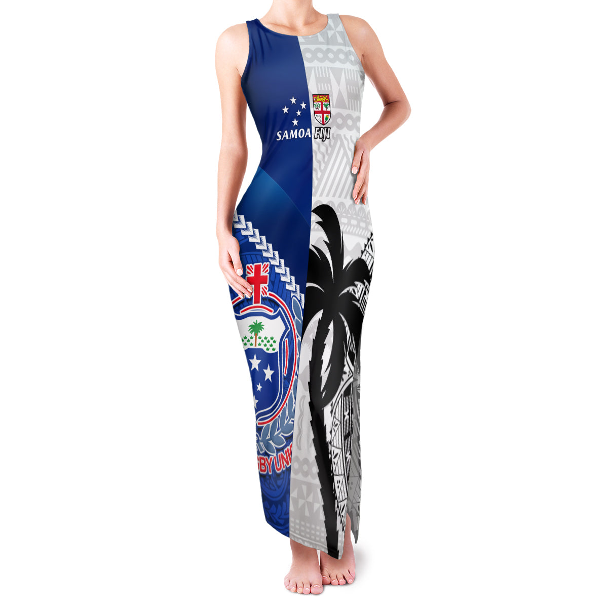 Fiji And Samoa Rugby Family Matching Tank Maxi Dress and Hawaiian Shirt 2023 World Cup Samoan Mix Tapa Pattern LT14 Mom's Dress Blue - Polynesian Pride