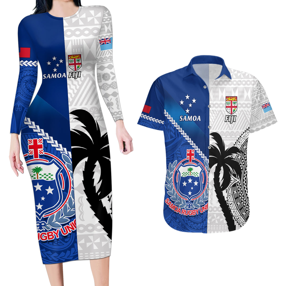 Custom Fiji And Samoa Rugby Couples Matching Long Sleeve Bodycon Dress and Hawaiian Shirt 2023 World Cup Samoan Mix Tapa Pattern LT14 Blue - Polynesian Pride