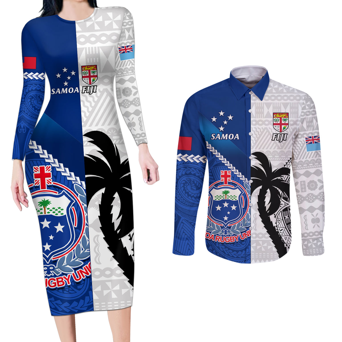 Custom Fiji And Samoa Rugby Couples Matching Long Sleeve Bodycon Dress and Long Sleeve Button Shirts 2023 World Cup Samoan Mix Tapa Pattern LT14 Blue - Polynesian Pride