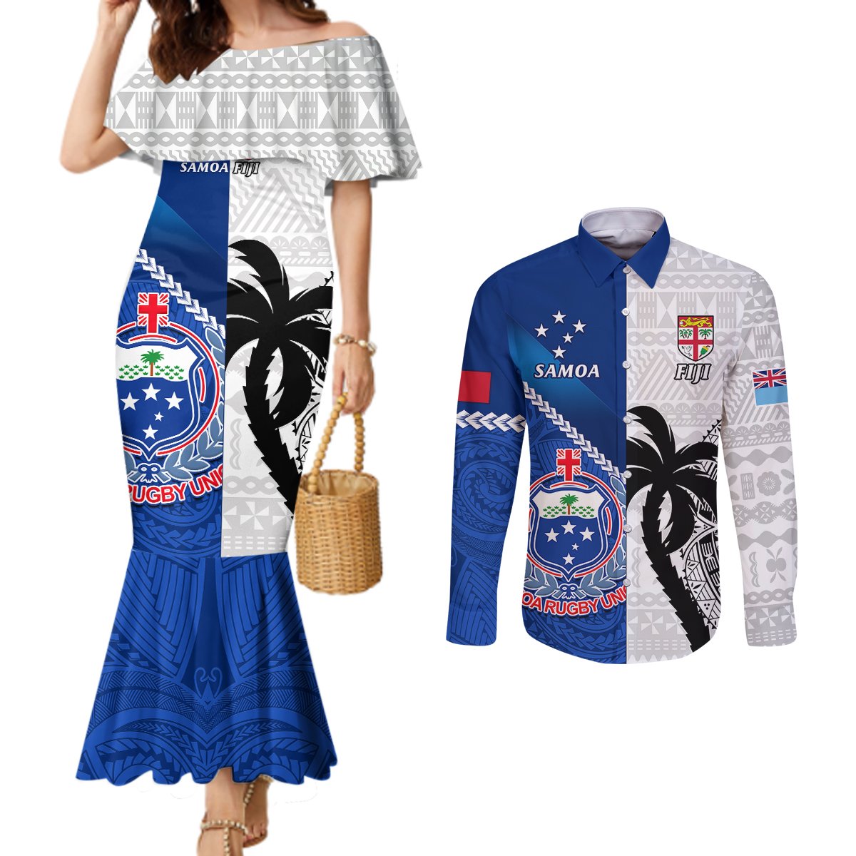 Custom Fiji And Samoa Rugby Couples Matching Mermaid Dress and Long Sleeve Button Shirts 2023 World Cup Samoan Mix Tapa Pattern LT14 Blue - Polynesian Pride