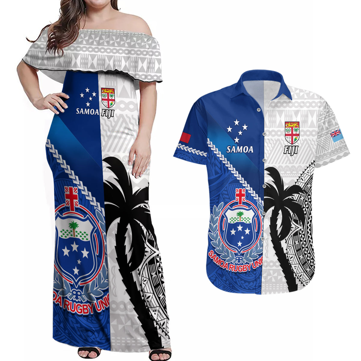 Custom Fiji And Samoa Rugby Couples Matching Off Shoulder Maxi Dress and Hawaiian Shirt 2023 World Cup Samoan Mix Tapa Pattern LT14 Blue - Polynesian Pride