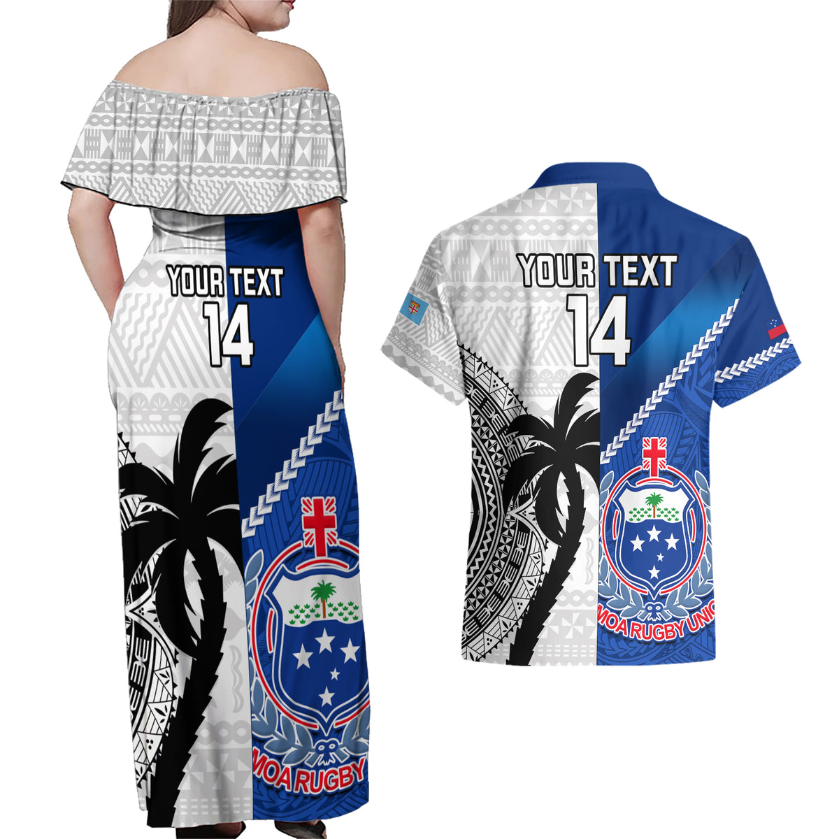 Custom Fiji And Samoa Rugby Couples Matching Off Shoulder Maxi Dress and Hawaiian Shirt 2023 World Cup Samoan Mix Tapa Pattern LT14 - Polynesian Pride