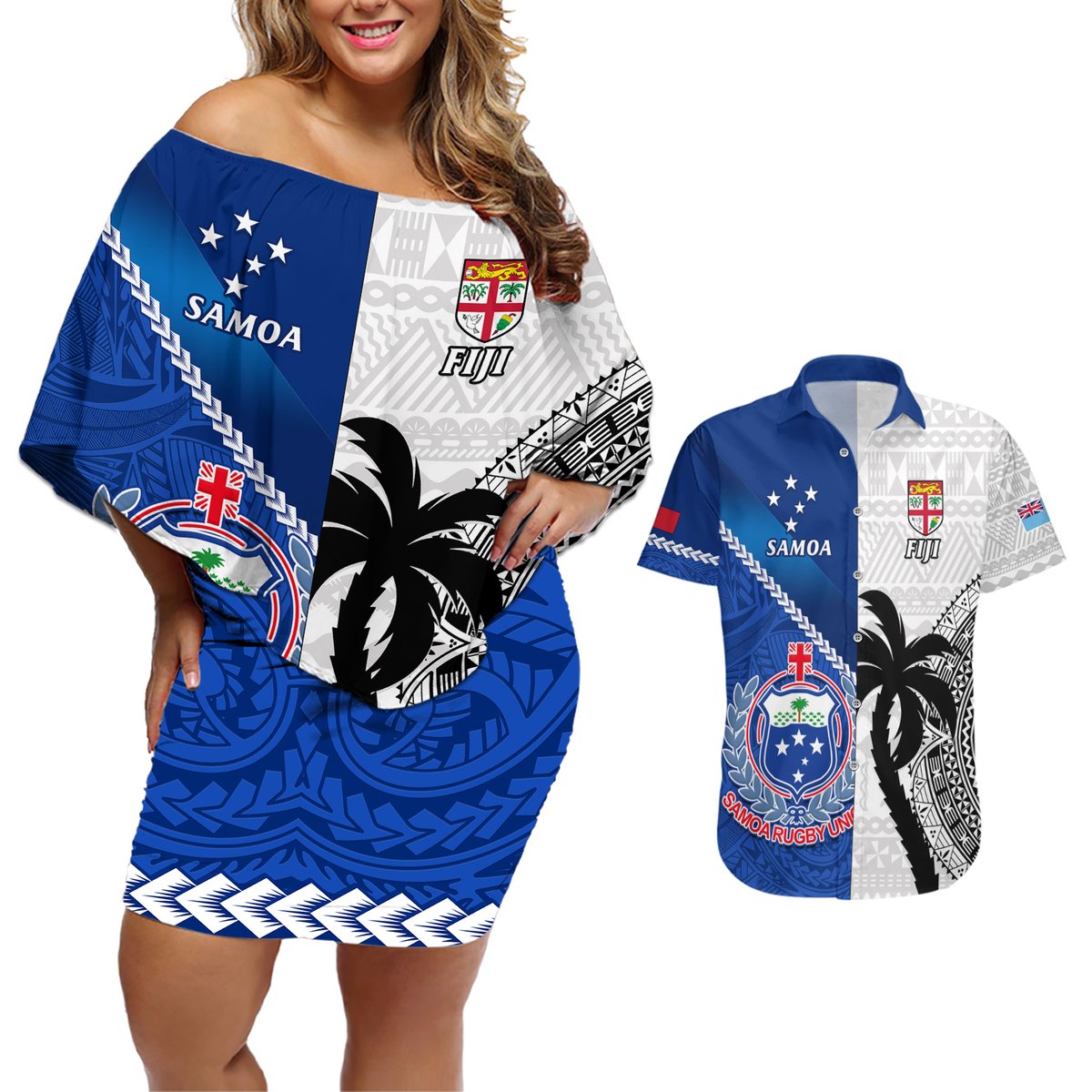 Custom Fiji And Samoa Rugby Couples Matching Off Shoulder Short Dress and Hawaiian Shirt 2023 World Cup Samoan Mix Tapa Pattern LT14 Blue - Polynesian Pride