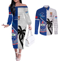 Custom Fiji And Samoa Rugby Couples Matching Off The Shoulder Long Sleeve Dress and Long Sleeve Button Shirts 2023 World Cup Samoan Mix Tapa Pattern LT14 Blue - Polynesian Pride