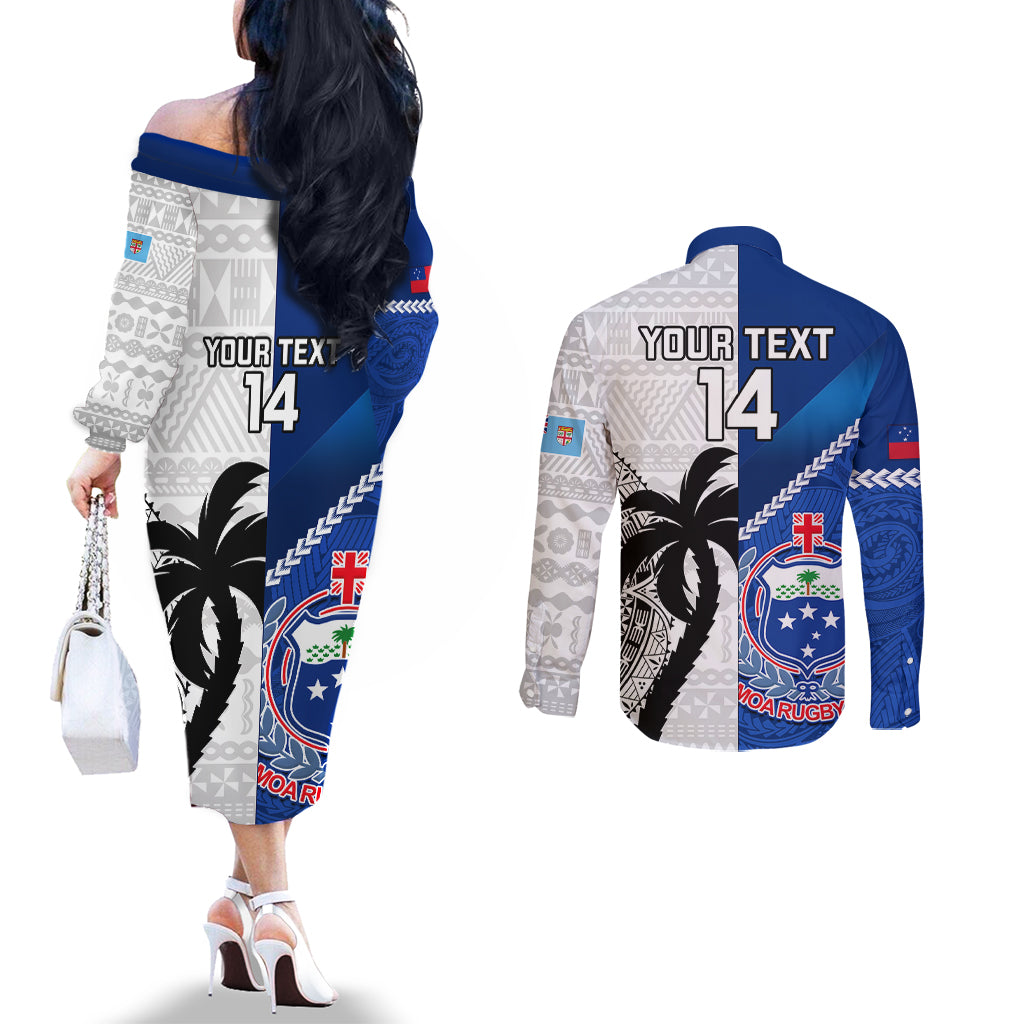 Custom Fiji And Samoa Rugby Couples Matching Off The Shoulder Long Sleeve Dress and Long Sleeve Button Shirts 2023 World Cup Samoan Mix Tapa Pattern LT14 - Polynesian Pride