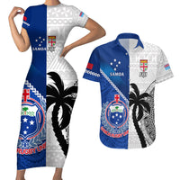 Custom Fiji And Samoa Rugby Couples Matching Short Sleeve Bodycon Dress and Hawaiian Shirt 2023 World Cup Samoan Mix Tapa Pattern LT14 Blue - Polynesian Pride