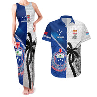 Custom Fiji And Samoa Rugby Couples Matching Tank Maxi Dress and Hawaiian Shirt 2023 World Cup Samoan Mix Tapa Pattern LT14 Blue - Polynesian Pride