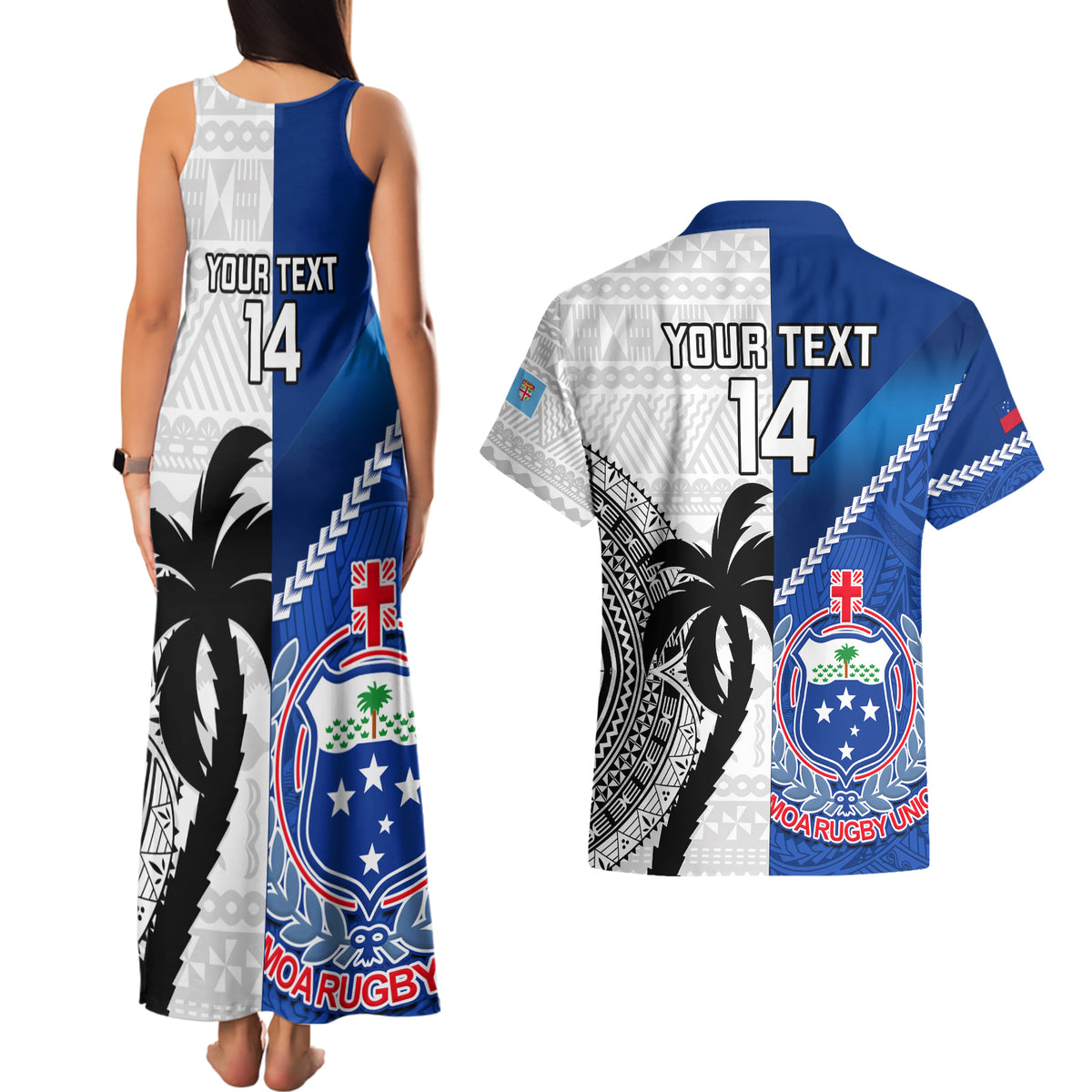 Custom Fiji And Samoa Rugby Couples Matching Tank Maxi Dress and Hawaiian Shirt 2023 World Cup Samoan Mix Tapa Pattern LT14 - Polynesian Pride