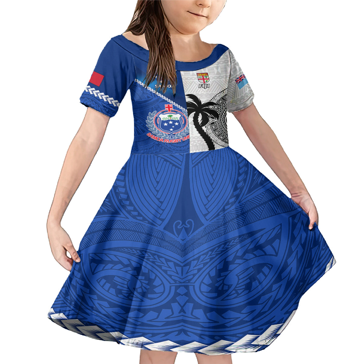 Custom Fiji And Samoa Rugby Family Matching Mermaid Dress and Hawaiian Shirt 2023 World Cup Samoan Mix Tapa Pattern LT14 Daughter's Dress Blue - Polynesian Pride