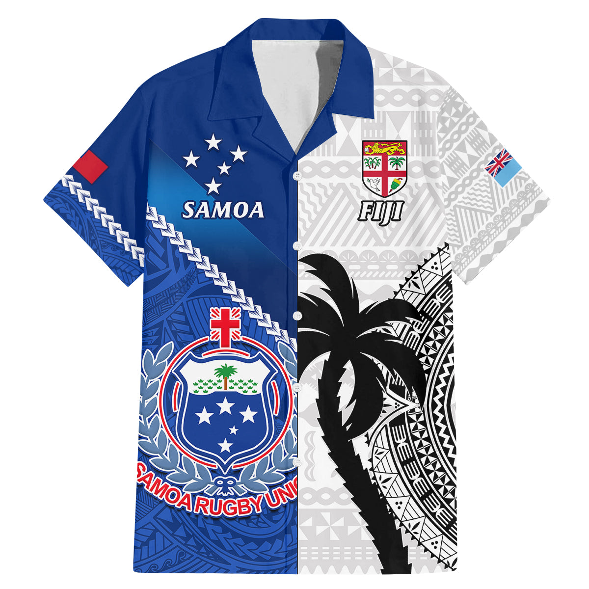 Custom Fiji And Samoa Rugby Family Matching Mermaid Dress and Hawaiian Shirt 2023 World Cup Samoan Mix Tapa Pattern LT14 Dad's Shirt - Short Sleeve Blue - Polynesian Pride