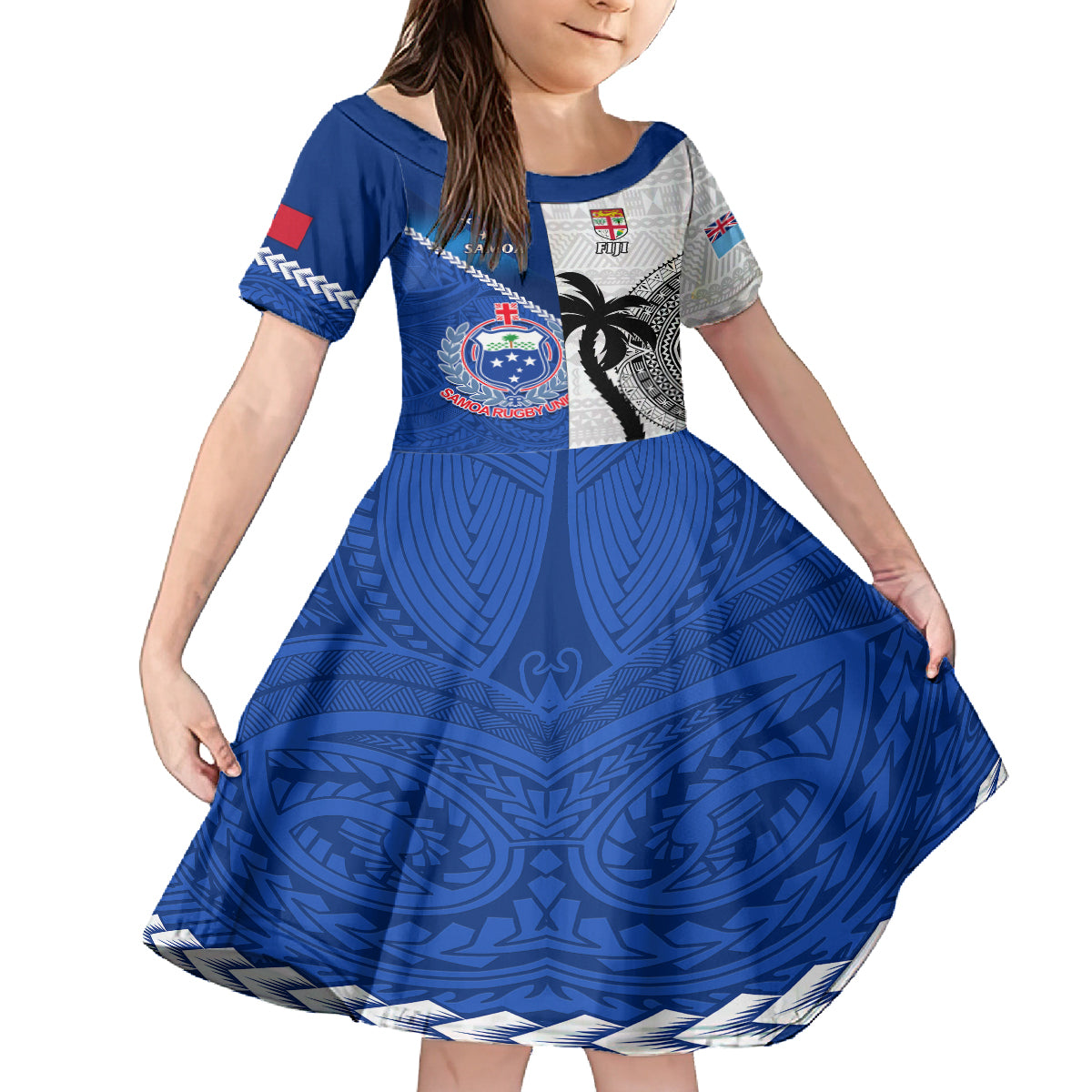 Custom Fiji And Samoa Rugby Family Matching Off Shoulder Maxi Dress and Hawaiian Shirt 2023 World Cup Samoan Mix Tapa Pattern LT14 Daughter's Dress Blue - Polynesian Pride