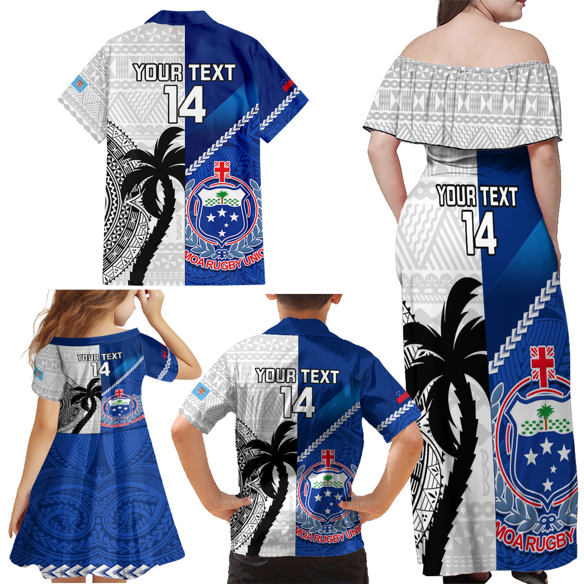 Custom Fiji And Samoa Rugby Family Matching Off Shoulder Maxi Dress and Hawaiian Shirt 2023 World Cup Samoan Mix Tapa Pattern LT14 - Polynesian Pride