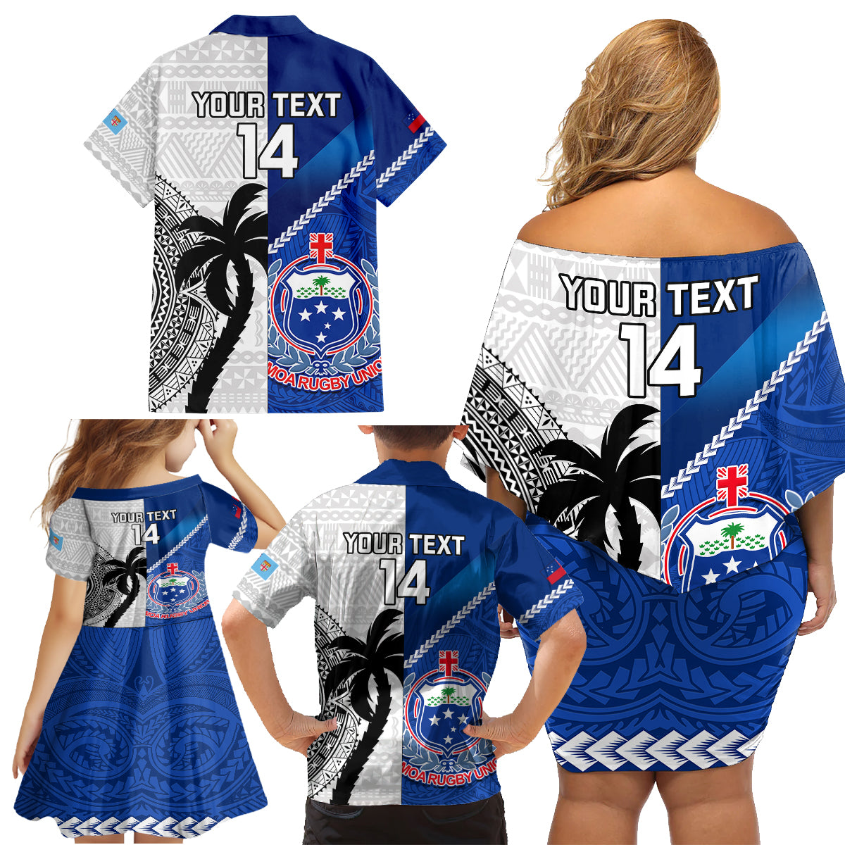 Custom Fiji And Samoa Rugby Family Matching Off Shoulder Short Dress and Hawaiian Shirt 2023 World Cup Samoan Mix Tapa Pattern LT14 - Polynesian Pride