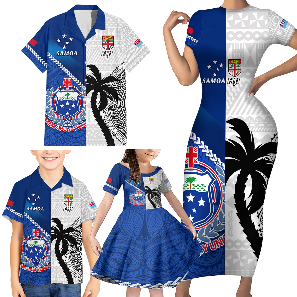 Custom Fiji And Samoa Rugby Family Matching Short Sleeve Bodycon Dress and Hawaiian Shirt 2023 World Cup Samoan Mix Tapa Pattern LT14 - Polynesian Pride
