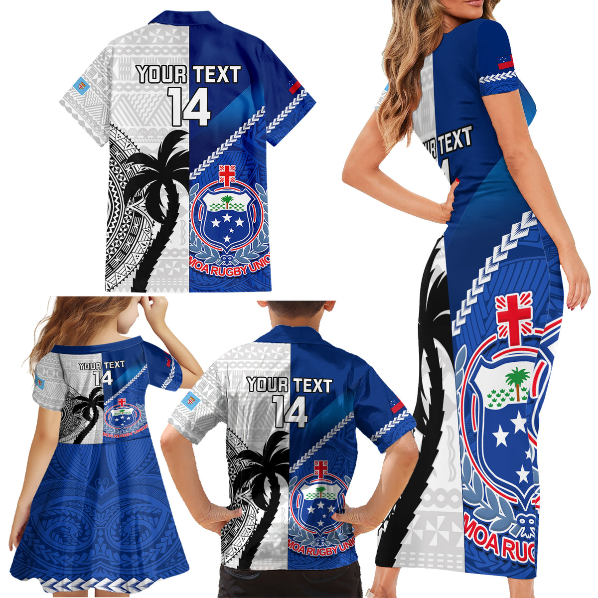 Custom Fiji And Samoa Rugby Family Matching Short Sleeve Bodycon Dress and Hawaiian Shirt 2023 World Cup Samoan Mix Tapa Pattern LT14 - Polynesian Pride