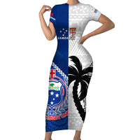 Custom Fiji And Samoa Rugby Family Matching Short Sleeve Bodycon Dress and Hawaiian Shirt 2023 World Cup Samoan Mix Tapa Pattern LT14 Mom's Dress Blue - Polynesian Pride