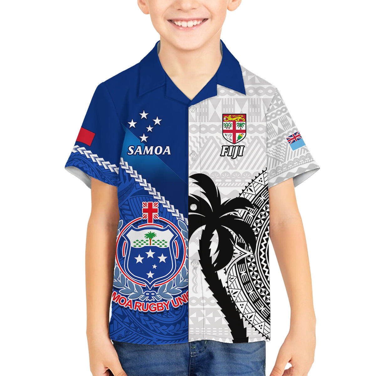 Custom Fiji And Samoa Rugby Family Matching Summer Maxi Dress and Hawaiian Shirt 2023 World Cup Samoan Mix Tapa Pattern LT14 Son's Shirt Blue - Polynesian Pride