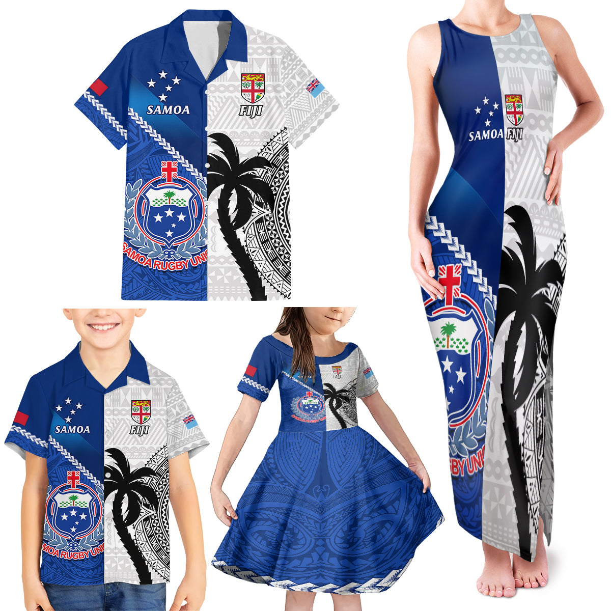 Custom Fiji And Samoa Rugby Family Matching Tank Maxi Dress and Hawaiian Shirt 2023 World Cup Samoan Mix Tapa Pattern LT14 - Polynesian Pride