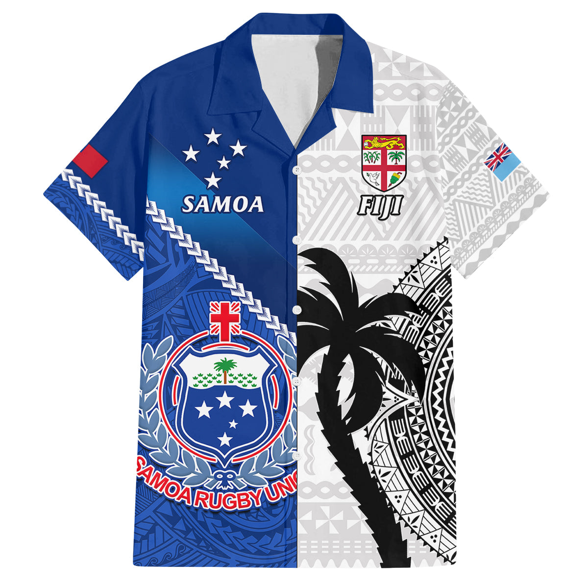 Custom Fiji And Samoa Rugby Family Matching Tank Maxi Dress and Hawaiian Shirt 2023 World Cup Samoan Mix Tapa Pattern LT14 Dad's Shirt - Short Sleeve Blue - Polynesian Pride