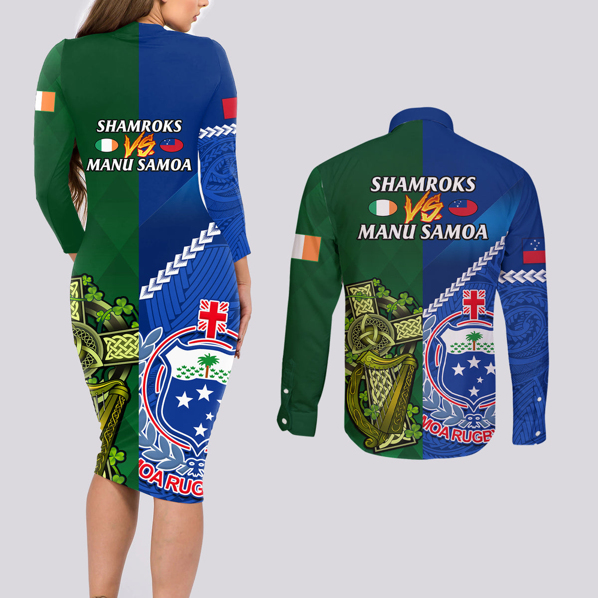 Samoa And Ireland Rugby Couples Matching Long Sleeve Bodycon Dress and Long Sleeve Button Shirts 2023 World Cup Manu Samoa With Shamrocks LT14 - Polynesian Pride