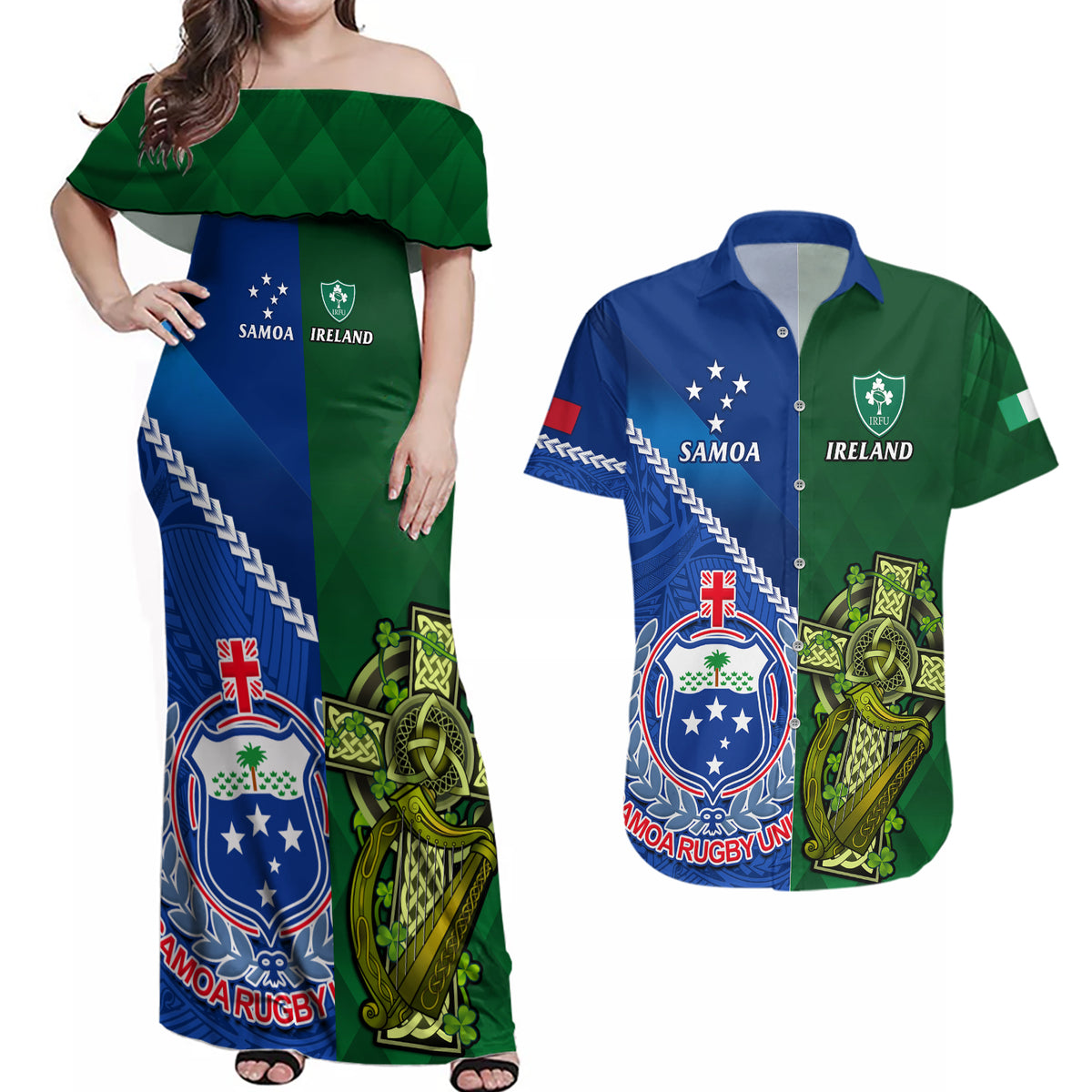 Samoa And Ireland Rugby Couples Matching Off Shoulder Maxi Dress and Hawaiian Shirt 2023 World Cup Manu Samoa With Shamrocks LT14 Blue - Polynesian Pride