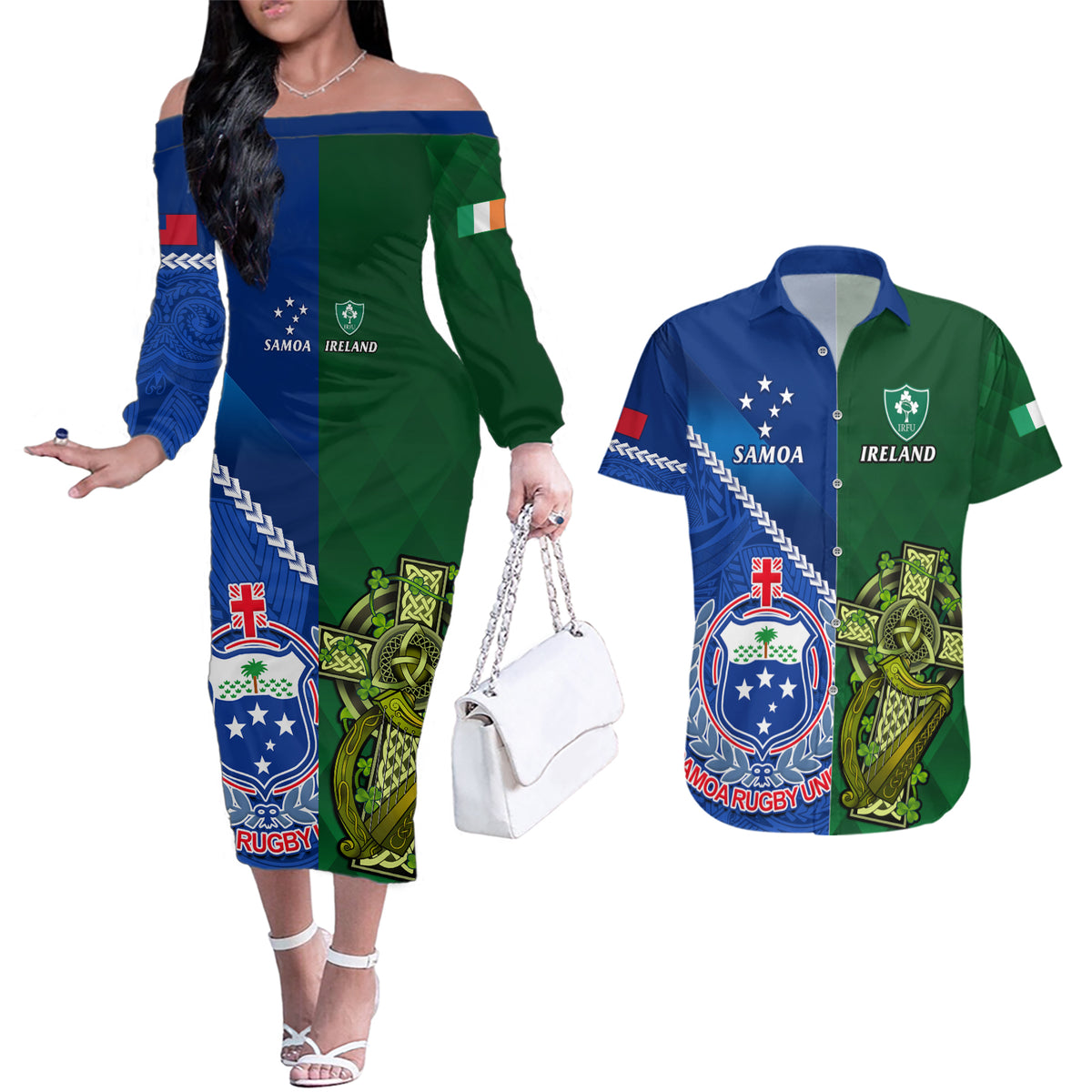Samoa And Ireland Rugby Couples Matching Off The Shoulder Long Sleeve Dress and Hawaiian Shirt 2023 World Cup Manu Samoa With Shamrocks LT14 Blue - Polynesian Pride