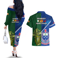 Samoa And Ireland Rugby Couples Matching Off The Shoulder Long Sleeve Dress and Hawaiian Shirt 2023 World Cup Manu Samoa With Shamrocks LT14 - Polynesian Pride
