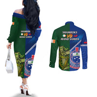 Samoa And Ireland Rugby Couples Matching Off The Shoulder Long Sleeve Dress and Long Sleeve Button Shirts 2023 World Cup Manu Samoa With Shamrocks LT14 - Polynesian Pride