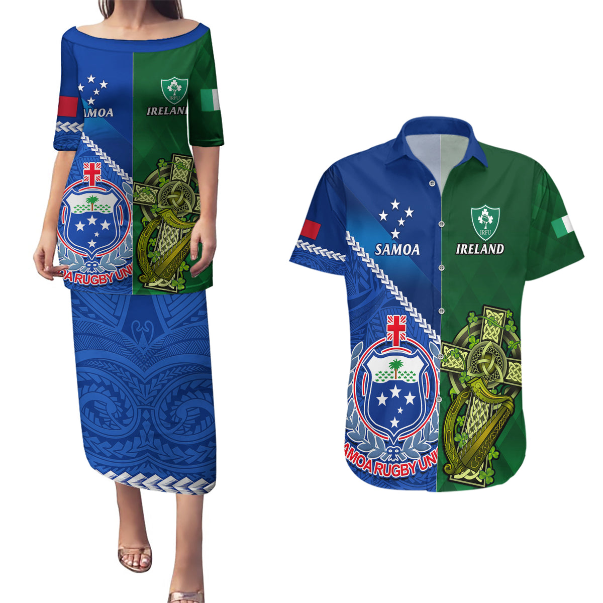 Samoa And Ireland Rugby Couples Matching Puletasi Dress and Hawaiian Shirt 2023 World Cup Manu Samoa With Shamrocks LT14 Blue - Polynesian Pride