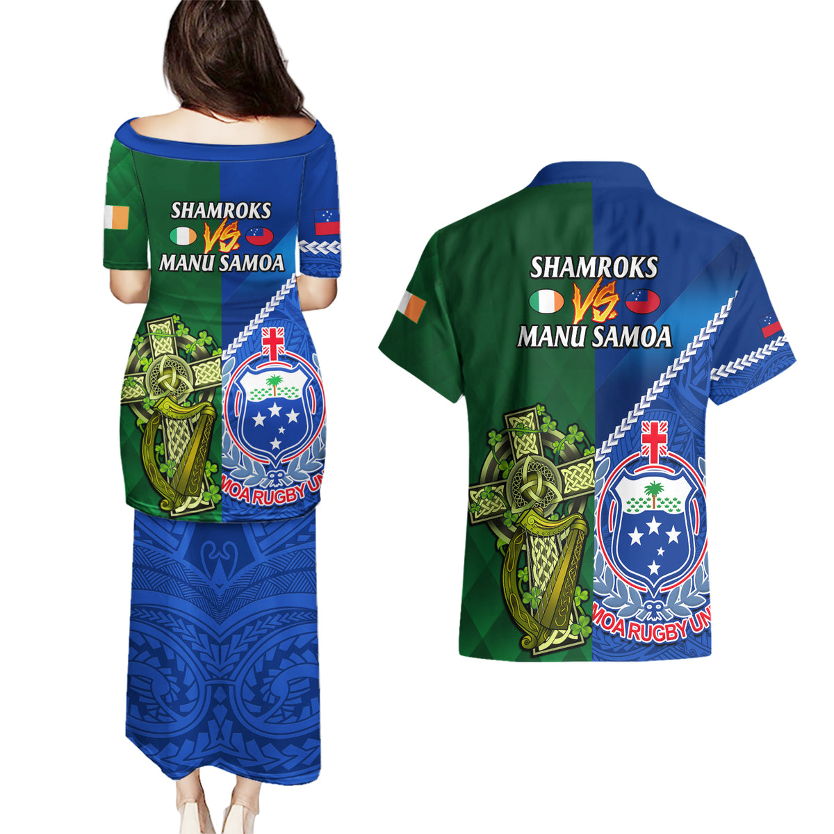 Samoa And Ireland Rugby Couples Matching Puletasi Dress and Hawaiian Shirt 2023 World Cup Manu Samoa With Shamrocks LT14 - Polynesian Pride