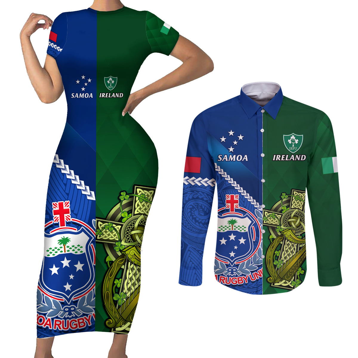 Samoa And Ireland Rugby Couples Matching Short Sleeve Bodycon Dress and Long Sleeve Button Shirts 2023 World Cup Manu Samoa With Shamrocks LT14 Blue - Polynesian Pride