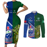 Samoa And Ireland Rugby Couples Matching Short Sleeve Bodycon Dress and Long Sleeve Button Shirts 2023 World Cup Manu Samoa With Shamrocks LT14 Blue - Polynesian Pride