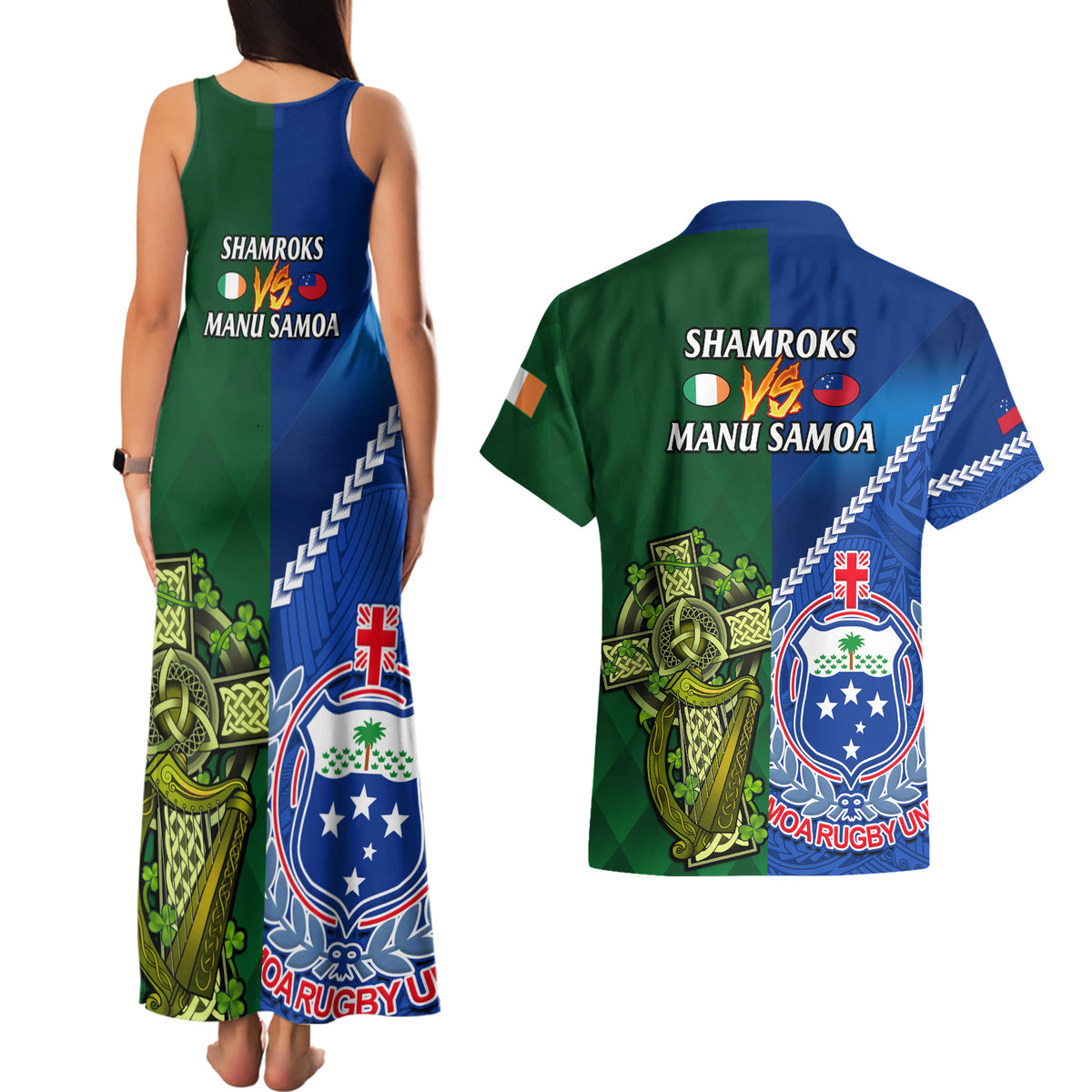 Samoa And Ireland Rugby Couples Matching Tank Maxi Dress and Hawaiian Shirt 2023 World Cup Manu Samoa With Shamrocks LT14 - Polynesian Pride