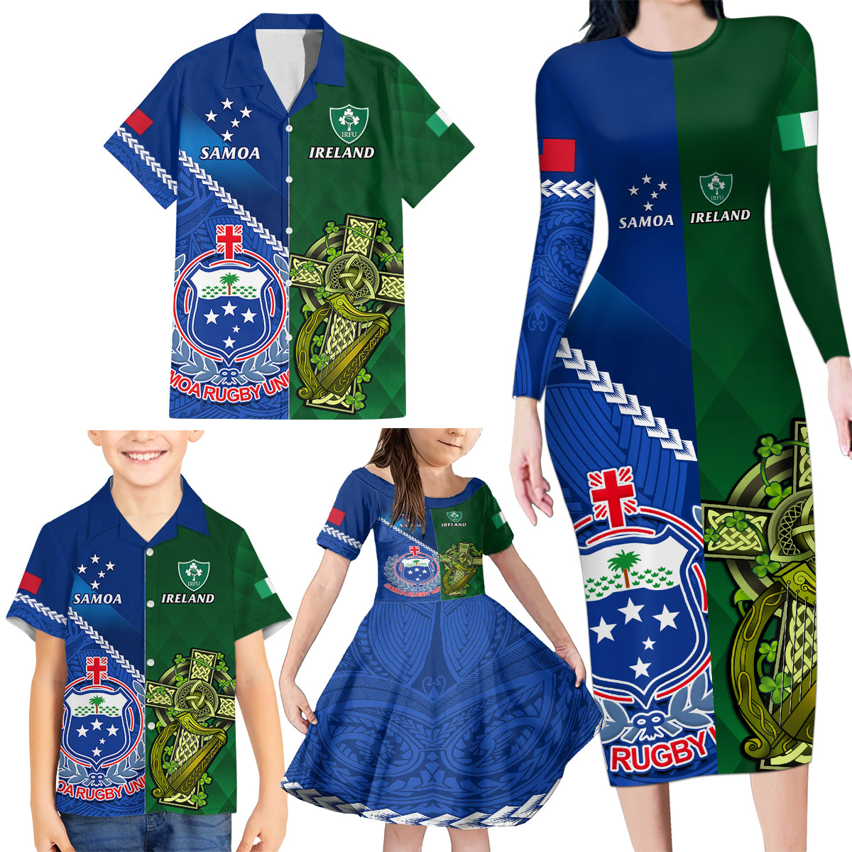 Samoa And Ireland Rugby Family Matching Long Sleeve Bodycon Dress and Hawaiian Shirt 2023 World Cup Manu Samoa With Shamrocks LT14 - Polynesian Pride