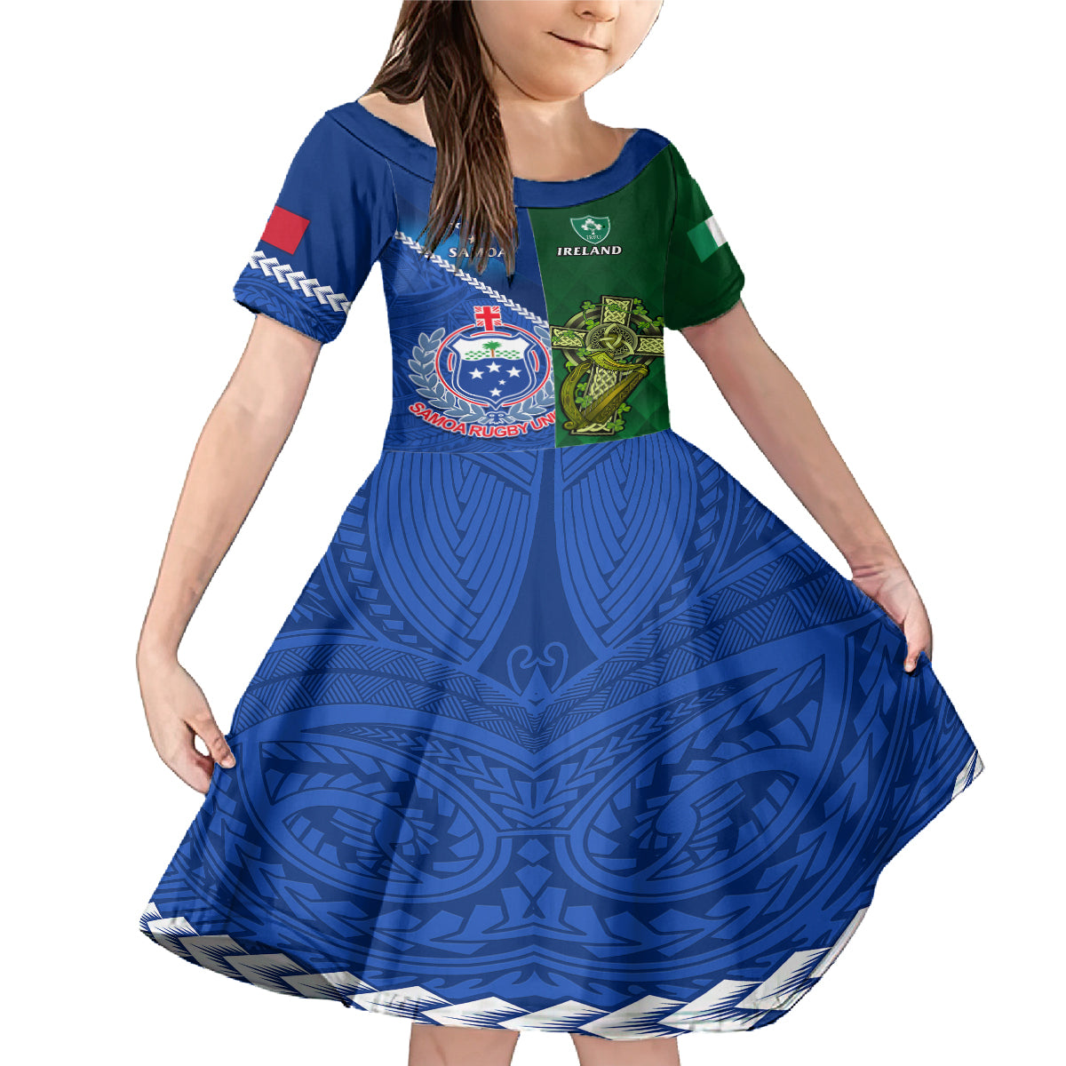 Samoa And Ireland Rugby Family Matching Mermaid Dress and Hawaiian Shirt 2023 World Cup Manu Samoa With Shamrocks LT14 Daughter's Dress Blue - Polynesian Pride